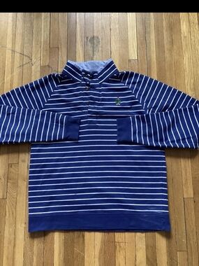 Luxe B.Draddy Men's Medium Blue Striped 1/4 Button Pullover Sweater,Cotton,Flaws